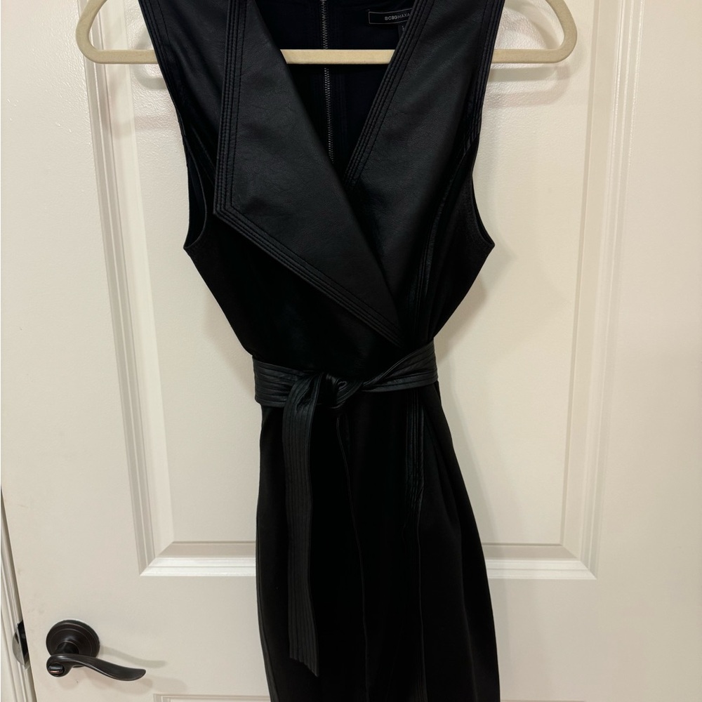 BCBGMaxAzria Black Midi Dress with Tie Front and Plunge Neckline